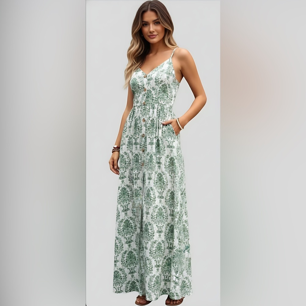 Last One π₯ Boho Sleeveless V-Neck Casual Maxi Swing Dress Green - Picture 4 of 9